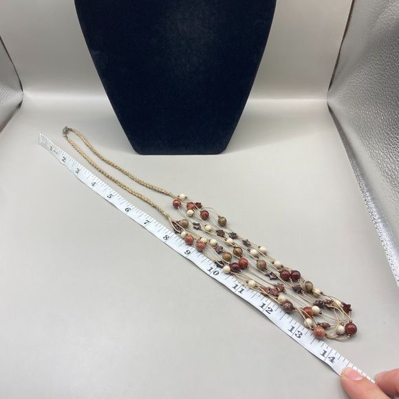Multi Strand Braided Cord Necklace w/ Red & Beige Round/Star Jasper Stone Beads - Picture 3 of 6